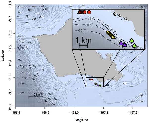 Map of Oahu, Hawai‘i depicting the location of experiments 1–4.