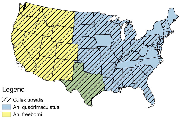 USA distribution by state of Anopheles freeborni, Anopheles quadrimaculatus, and Culex tarsalis (Hayes et al., 2005; Venkatesan & Rasgon, 2010; Manguin, 2013).