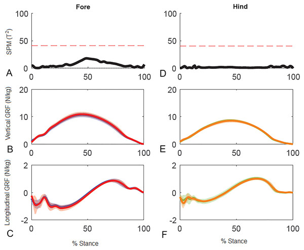 Results of statistical parametric mapping of ground reaction forces of trot overground for a group of 10 horses when categorized by higher and lower forelimb peak vertical GRF (mean of 3 stance phases per horse, per limb).