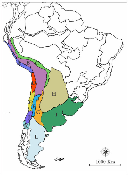 Map of South America showing the biogeographic regions used.