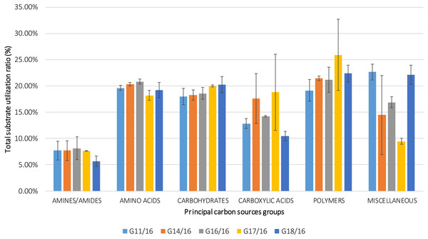Percentage of total carbon source utilization for Petriella setifera strains.