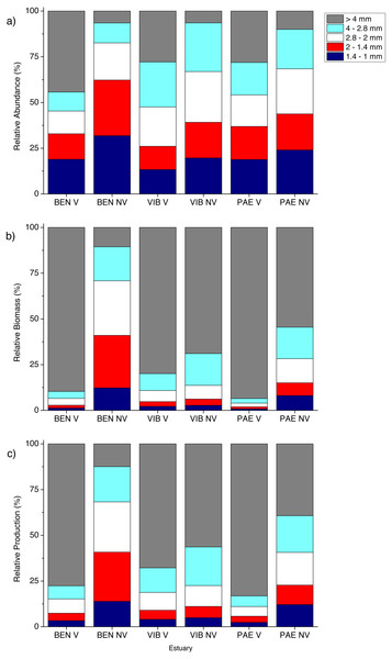 Relative macrofaunal abundance, biomass and production per size classes.