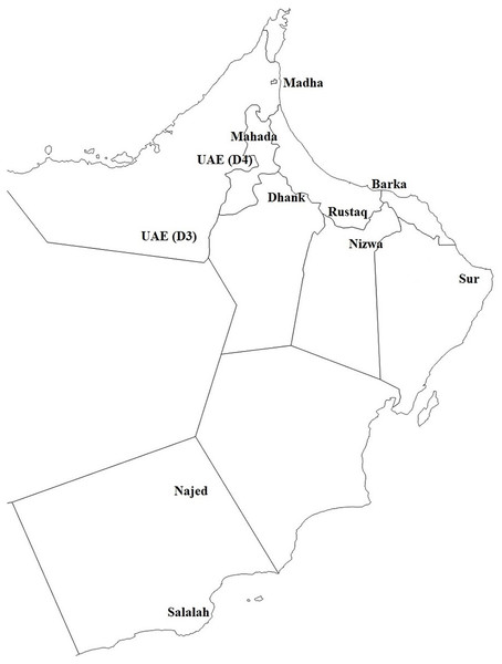 A map showing the locations from which samples were collected.