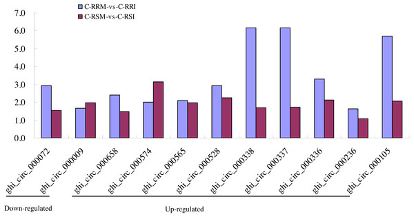 Comparison of the differential expression level of 9 common up-regulated and 2 common down-regulated circRNAs between C-RRM-vs-C-RRI and C-RSM-vs-C-RSI.