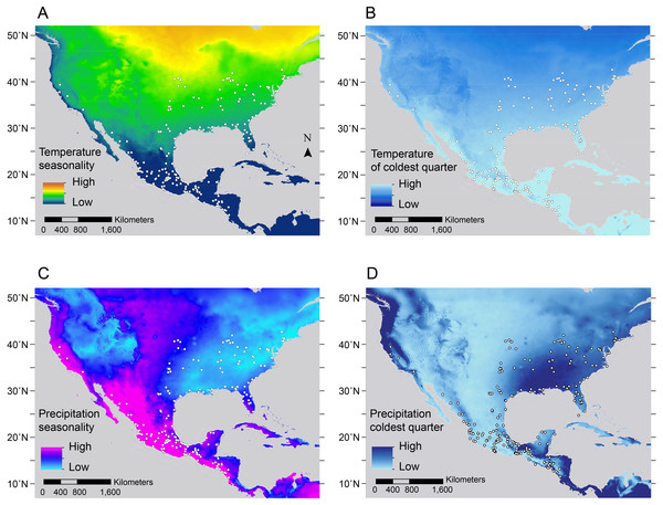 Maps of geographic variation for the most important environmental predictors associated with trait variation in  Didelphis virginiana.