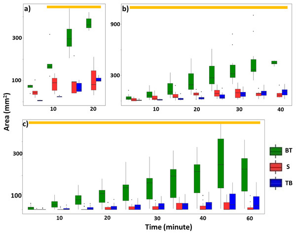 Total area (mm2) of mud tubes repaired by termites at 5-min intervals following removal of an ∼5 cm section of the mud tube, for trials in which the damaged mud tube was completely repaired within 22 min (six videos) (A), between 24 and 40 min (15 videos) (B), and more than 42 min (nine videos) (C).