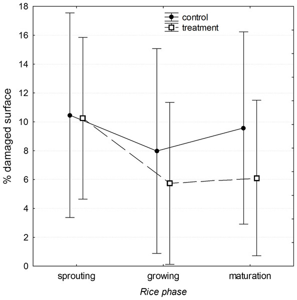 Trend of the mean percentage ± 95% of confidence interval of rice plot area damaged.