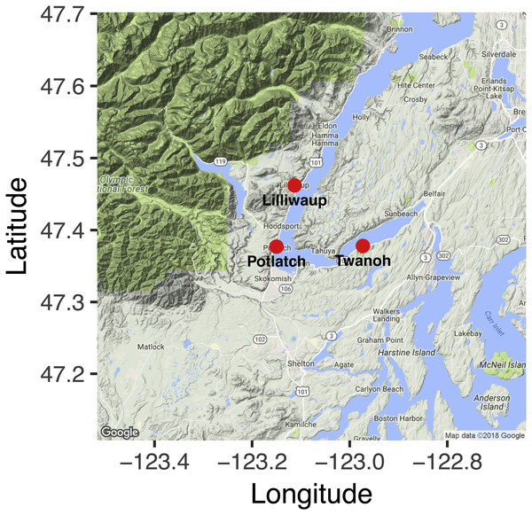 Nearshore sampling locations in Hood Canal, Washington, USA.