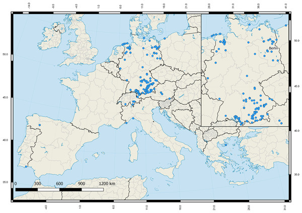 Sampling sites of the studied aquatic true bugs (Gerromorpha, Nepomorpha) across Europe.