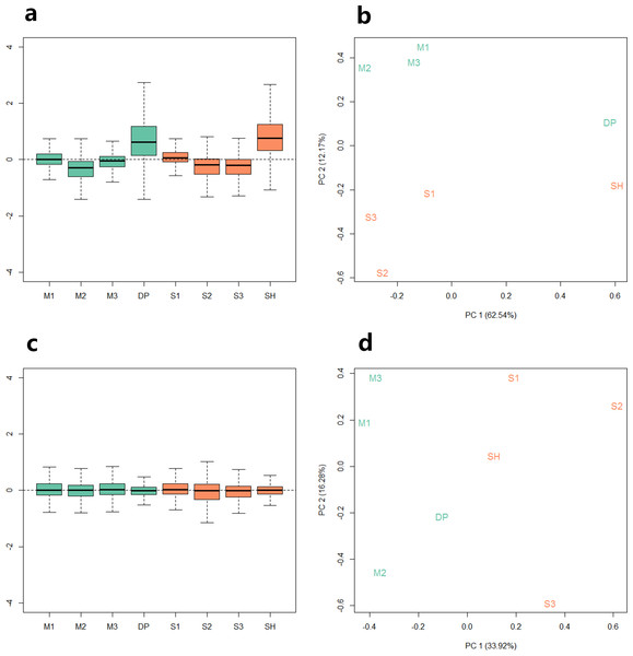 Relative log expression analysis (RLE) and principal components analysis (PCA) performed by R package RUVSeq of eight samples according to their gene counts data.