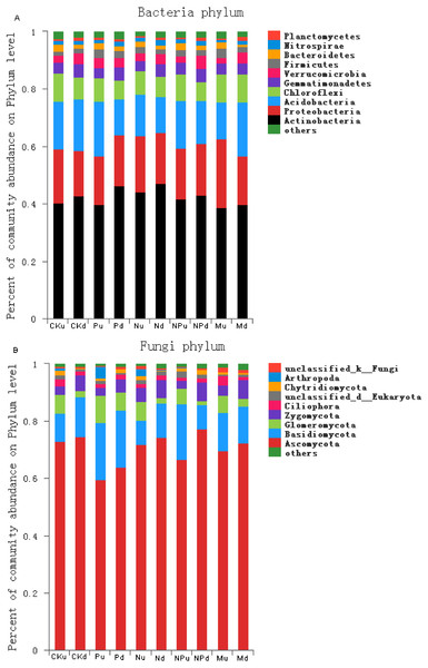 Proportions of the bacterial phyla (A) and fungal phyla (B) with the relative abundance higher than 1%.