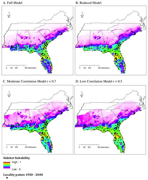 Habitat suitability for M. fulvius throughout the Southeast under current climate conditions, 1950–2000.