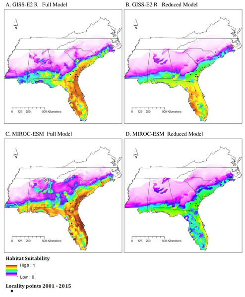 Habitat suitability for M. fulvius in the near future (2050) throughout the Southeast according to GISS-E2-R (NINT) ((A) Full model, (B) Reduced model) and MIROC-ESM ((C) Full model, (D) Reduced model).