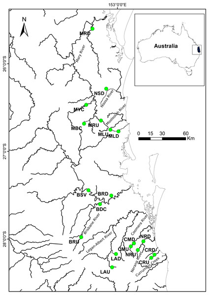 Localities where specimens of R. semoni were collected during this study in south-east Queensland, Australia.