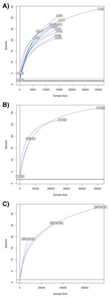 Rarefaction curves for Chordata and blood parasite metagenomic sequences.