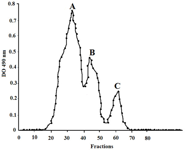Anion-exchange chromatogram of EPS produced by H. nitroreducens strain WB1, showing two high molecular weight peaks (A) and (B), and one low molecular weight peak (C).