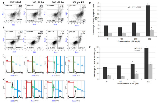 Annexin V-Alexa Fluor® 488/PI flow cytometric analysis of apoptosis and cell cycle in SH-SY5Y and T98G cells after 48 h of PA treatment.