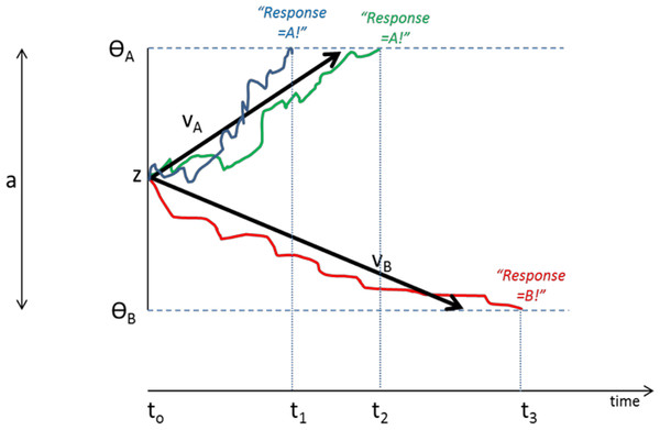 Schematic of Drift Diffusion Model (DDM) of decision-making.