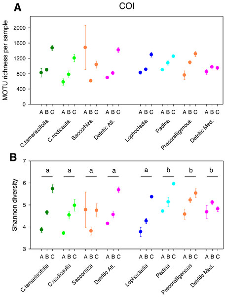Scatter plots showing patterns of MOTU richness (A) and Shannon diversity index (B) for the COI gene.