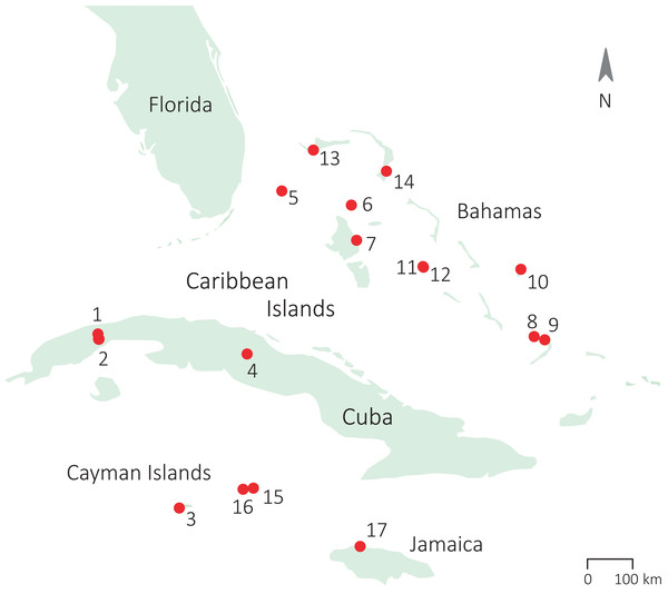 Sampling locations of the populations of study across the Caribbean.