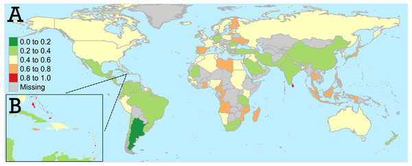 (A) Final mariculture opportunity scores for the entire world, with (B) detail for the Caribbean region.