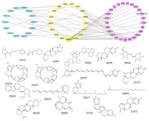 The network containing the anti-AD target proteins, TCM compounds and structurally identical drugs.