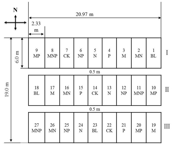 Scheme showing the experimental area with various fertiliser treatments.