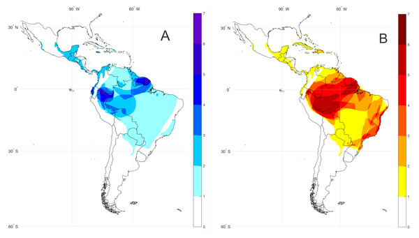 Bioacoustic coldspots and species richness hotspots for the subfamily Lophyohylinae.