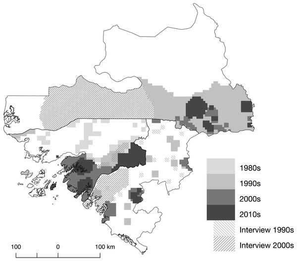 Map and location of field-based research carried out that includes data on primates in Guinea-Bissau and neighbouring regions.