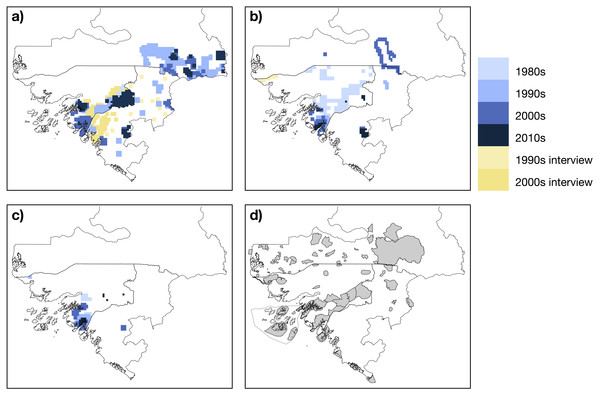 Mapped records of chimpanzee (A), red colobus (B) and king colobus (C) from studies conducted during the past thirty years, and map showing protected areas (D).