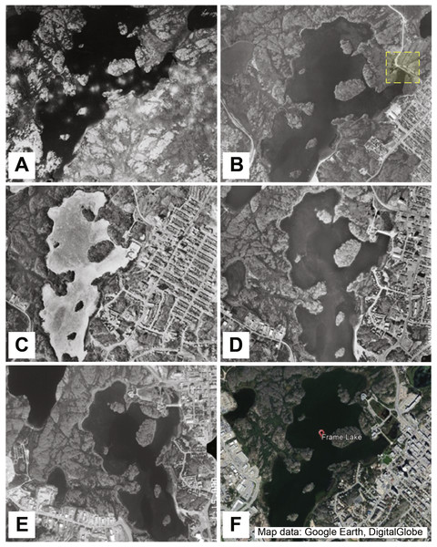 Aerial photos tracking 80 years of development around Frame Lake.