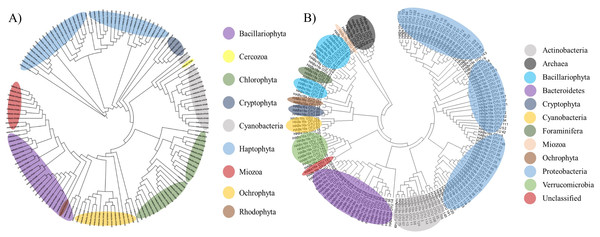 Phylogenetic tree of microbial OTUs generated by 16S universal primer set (A) and by 23S universal primer set (B).