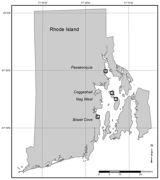Locations of the four study marshes in Narragansett Bay, RI.