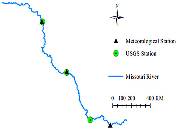 Geographic locations of the three river stations and meteorological stations.