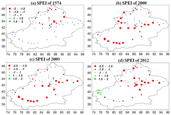 Spatial variations of severe drought events: (A) 1974, (B) 2008, (C) 2009, and (D) 2012.
