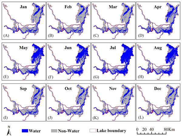 Spatiotemporal distribution of surface water at Dongting Lake in 2016 based on the VH backscattering coefficient (A–L).