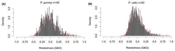 Distribution of relatedness estimates in Cape and Gurney’s Sugarbirds.