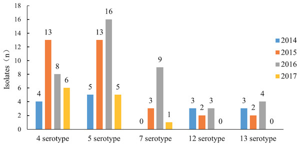 The epidemic trend of the major serotypes from 2014 to 2017.