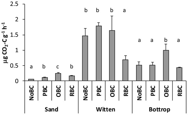 Basal respiration in sand and soil samples with different biochar amendments.