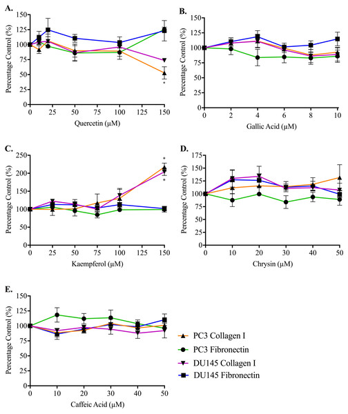 Effect of honey-derived phenolic compounds on PC3 and DU145 cell adhesion.