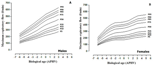 Smoothed reference curves calculated by the LMS method to assess the maximum expiratory flow (MEF) based on biological age (APHV) and sex. (A) Males; (B) Females.