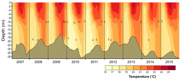 Vertical and temporal variation of temperature (°C) in Valle de Bravo reservoir from 2007 to 2015.