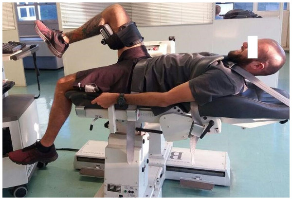 Positioning assumed by the participant during isokinetic evaluation of the hip.