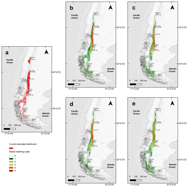 MaxEnt outcomes, current suitable habitat distribution and two projections scenarios of climate change.