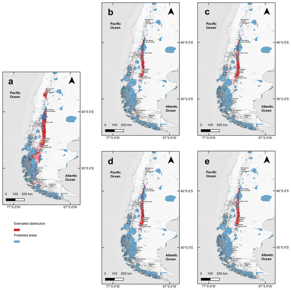 Binary map overlap with protected areas of Chile and Argentina, current and two projections of climate change.