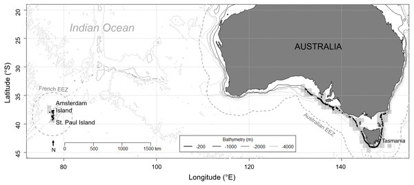 Location of the two study areas: Amsterdam and Saint Paul Islands within the French EEZ and South East Australia as part of the Australian EEZ.