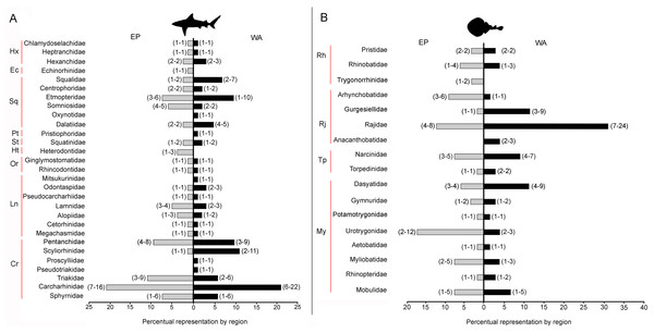 Tropical America extant shark and ray diversity by families and regions.