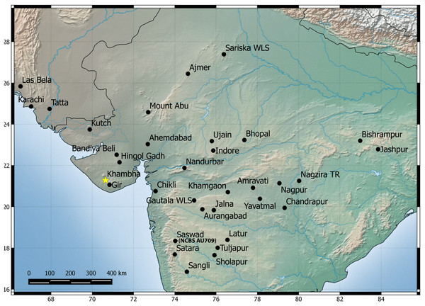 Map showing known distribution of H. sahgali sp. nov. based on examine specimens and photographic records.