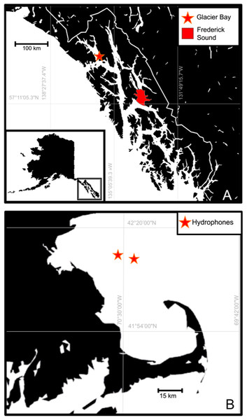 Map of (A) Southeast Alaska, North Pacific recording locations and (B) Massachusetts Bay, North Atlantic recording locations.