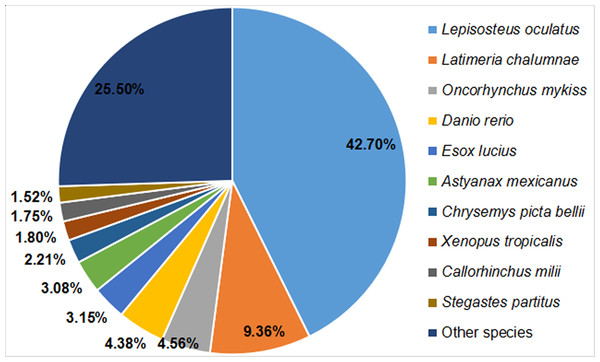 BLAST top-hit species distribution of homologous sequences in the A. dabryanus transcriptome.